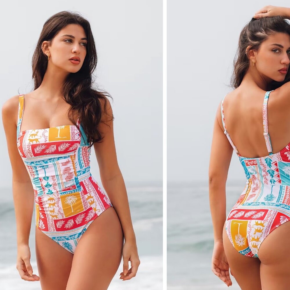 NWOT Colombia Story Shirred Square Neck One Piece Swimsuit